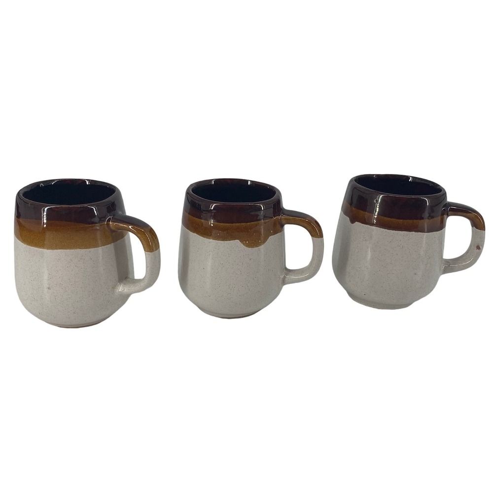 Set 3 vintage made in Taiwan Tan / Brown mugs. Coffee Tea Stone Heavy Handmade